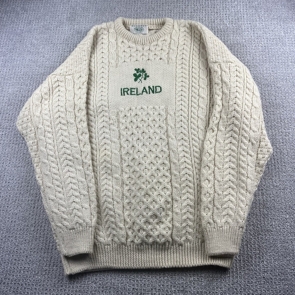 Blarney Woollen Mills Cream Fisherman Sweater Traditional Aran Ireland Mens XL